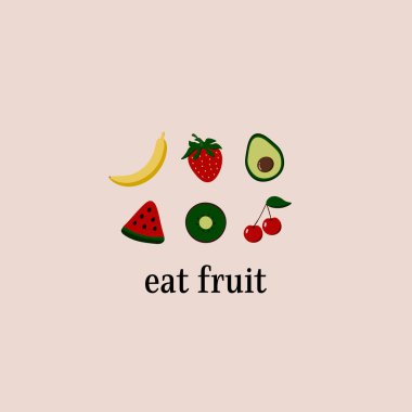 Meyve konsepti alıntı kartı, sağlıklı, muz, çilek, avokado, karpuz, kivi, kiraz ye.