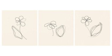 Kalem çizen çiçek resimli kartlar. Çizgi tarzı. Kart, logo, poster ve davetiye tasarımı