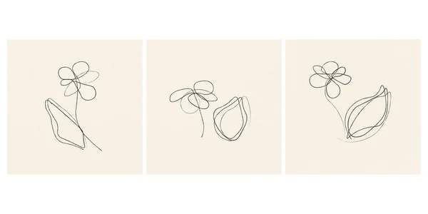 Serie Carte Con Illustrazione Fiori Disegno Matita Stile Linea Design — Vettoriale Stock