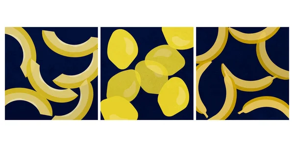 一套黄色的水果 瓜果香蕉柠檬深蓝色底色 — 图库矢量图片