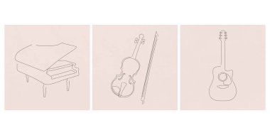 Müzik aletleri seti. Piyano, keman ve gitarlı kartlar. Satır biçimi 