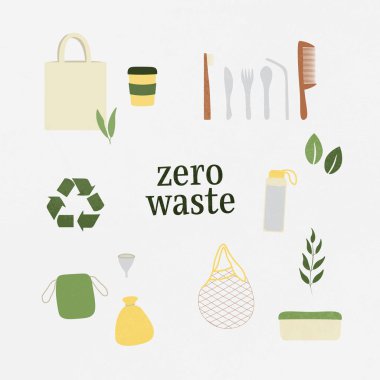 Sıfır atık. Çevre dostu ürünler. Çevre. Bardak, torba, tabak, dönem malzemesi, beslenme çantası, tarak, diş fırçası, plastik yok, yeniden işleme, yapraklar, çatal bıçak, geri dönüştürülebilir