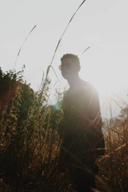 Güneşli bir günde otlakta üstsüz bir model, arka plan fotoğrafçılığı.