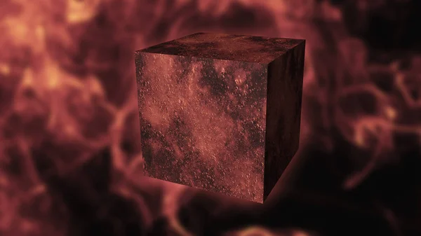 Geometric cube in the air. Red smoke on a black background. 3D rendering