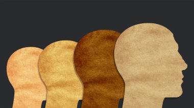 Farklı versiyonlarda kağıttan yapılmış insan siluetleri. Çeşitli toplumlar. Koyu gri arkaplan