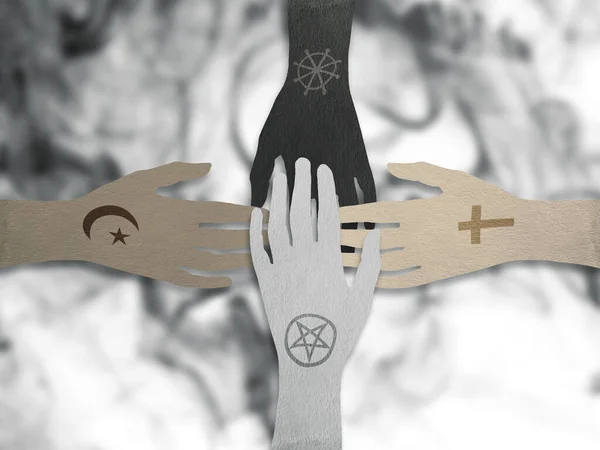 Les Mains Tendues Une Vers Autre Représentants Diverses Religions Fond — Photo