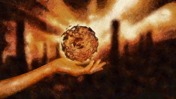 Glühender Ball Einer Weiblichen Hand Ein Lichtblitz Und Hintergrund Häusersilhouetten — Stockfoto