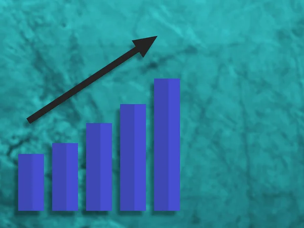 Growing bar graph with arrow. Blurred background of turquoise marble. 3D rendering