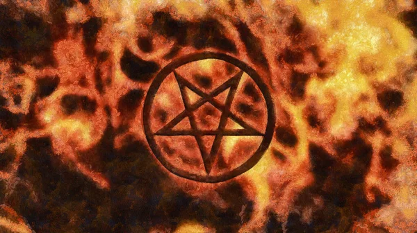 Ateşli bir arka planda ters Pentagram. Din teması üzerine sanatsal çalışma