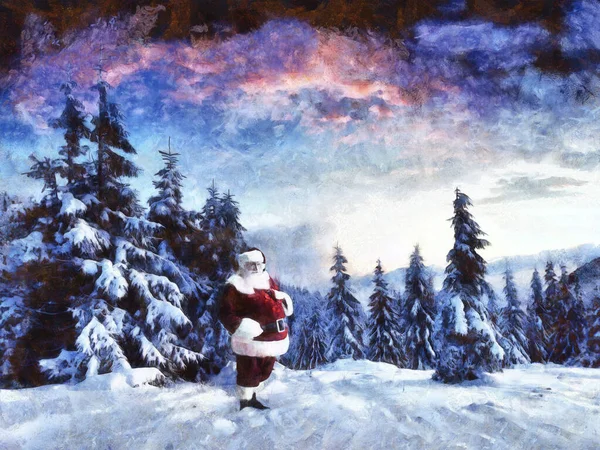 Kış manzarasının arka planında Noel Baba. Bir Noel teması üzerine sanatsal çalışma