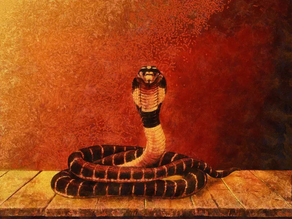 蛇在一张木制桌子上 一层层的红色和黄色的油漆 以动物为主题的艺术作品 — 图库照片