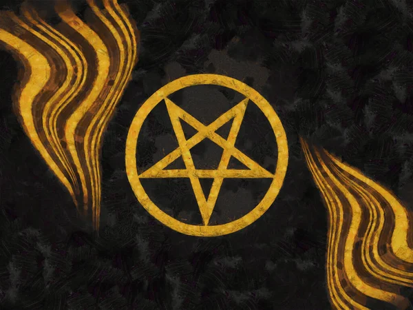 Odwrócony Pentagram Czarnym Tle Streszczenie Żółte Paski Praca Artystyczna Temat — Zdjęcie stockowe
