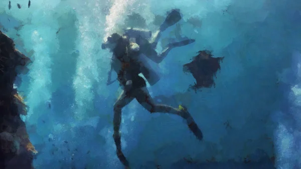 Scuba潜水员在水下以人与自然为主题的艺术作品 — 图库照片