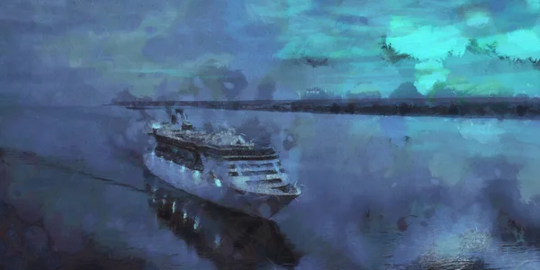 Cruiseschip Bij Zonsondergang Artistieke Werkzaamheden Het Thema Van Het Zeevervoer — Stockfoto