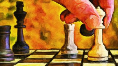 Satranç tahtasındaki taşı hareket ettiren kişi. Strateji teması üzerine sanatsal çalışma
