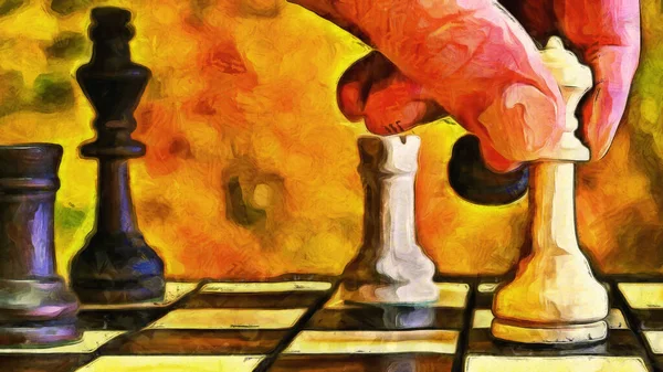 その人はその駒をチェス盤の上で動かす 戦略をテーマにした芸術作品 — ストック写真