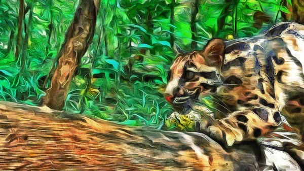 Leopardo Nublado Camina Sobre Árbol Obra Artística Sobre Tema Los —  Fotos de Stock