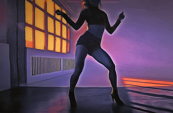 Piękna Dziewczyna Tańczy Korytarzu Neonowe Oświetlenie Praca Artystyczna Temat Tańca — Zdjęcie stockowe