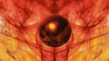 Kırmızı dumanlı bir arka planda soyut koyu top. Sanatsal çalışma