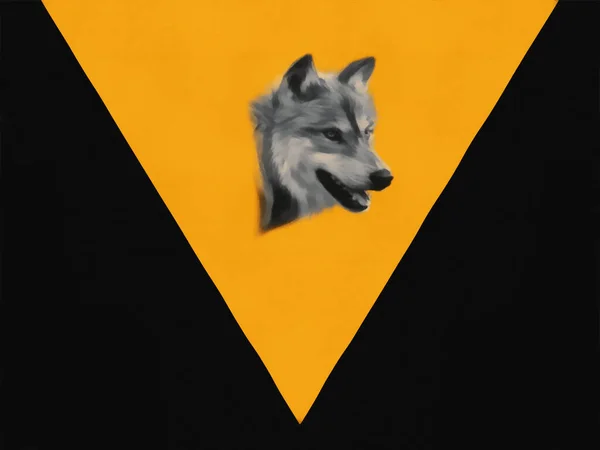 Cabeza Del Lobo Fondo Del Triángulo Negro Amarillo Obra Artística —  Fotos de Stock