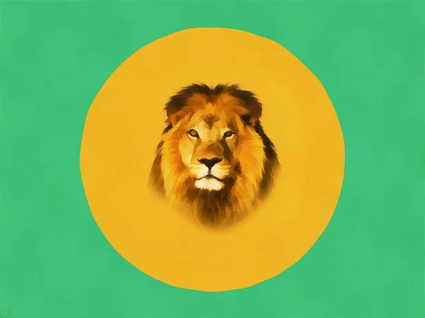 Hlava Lva Pozadí Žlutého Kruhu Zelené Pozadí — Stock fotografie