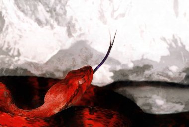 Kırmızı yılan arka planda. Hayvanların teması üzerine sanatsal çalışma