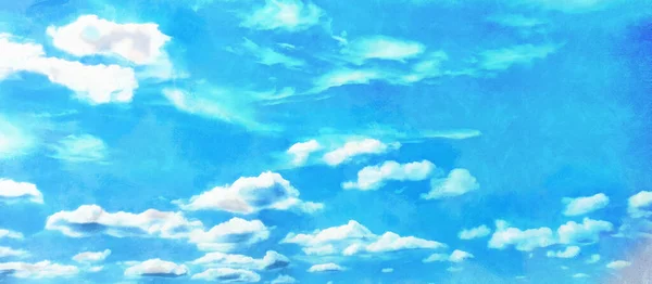 Széles Panoráma Nyílik Kék Égboltra Sok Fehér Felhő Művészeti Alkotások — Stock Fotó