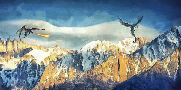Ejderhalar karlı dağların üzerinden uçar. Geniş panoramik görüş. Mitoloji teması üzerine sanatsal çalışmalar
