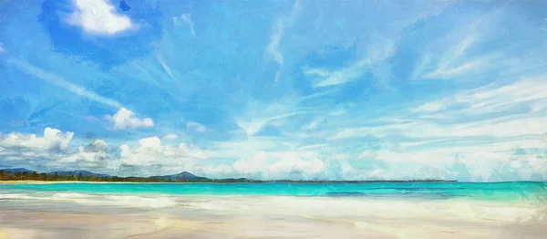 海の波はビーチで洗ってください 空の雲 広いパノラマビュー 芸術作品 ロイヤリティフリーのストック画像