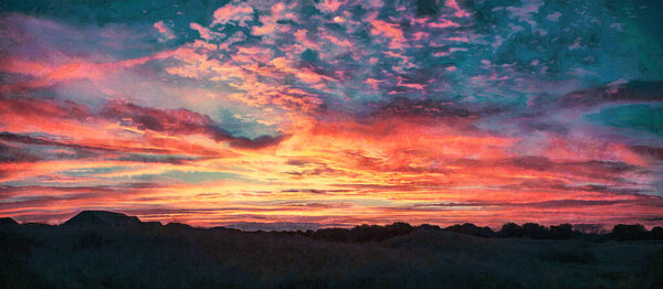 Panoramic view of the evening sunset. Fiery clouds in the sky. Silhouettes of trees. Artistic work