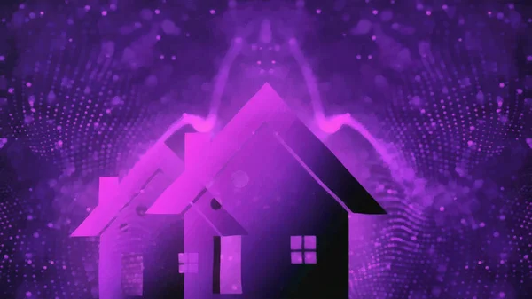Силуети Будинків Фіолетовому Тлі Абстрактні Сяючі Частинки Віртуальний Простір — стокове фото