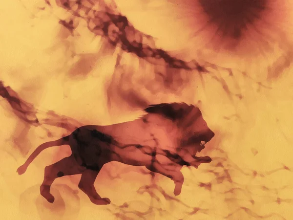 一只奔跑的狮子的轮廓 分形艺术 红色和黄色 — 图库照片