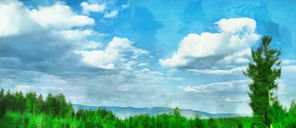 Wide Panoramic View Young Forest Clouds Sky Artistic Work Theme — Stock Photo, Image