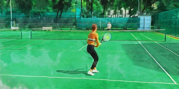 Дівчина Грає Теніс Дворі Художня Робота Тему Спорту Відпочинку — стокове фото