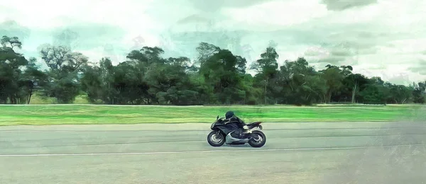 Motociclista Corre Largo Pista Amplias Vistas Panorámicas Obra Artística Sobre — Foto de Stock