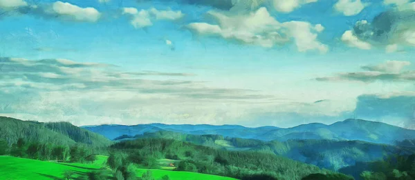 Sicht Auf Die Wälder Und Berge Wolken Himmel Künstlerische Arbeit — Stockfoto