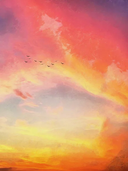 View of the sunset sky. Birds fly in the sky. Artistic works on the theme of nature