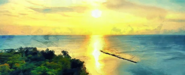 Sonnenaufgang Über Dem Meer Silhouetten Von Bäumen Künstlerische Arbeit Zum — Stockfoto