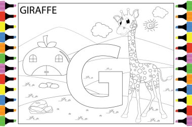 Zürafa hayvan karikatürünü G harfi ile boyamak, basit vektör çizimi