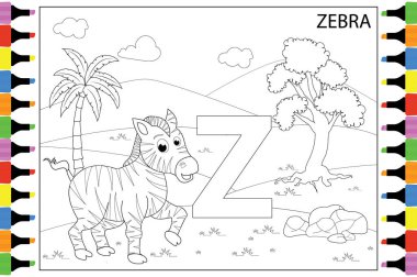 Zebra hayvan çizgi filmini Z harfiyle renklendirmek, basit vektör illüstrasyonu