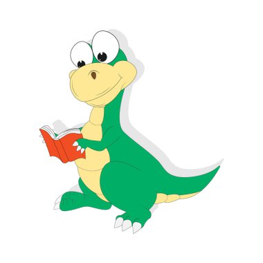 Basit bir vektör çizimi olan bir kitap okuyan sevimli dinozor.