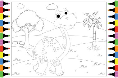 Çocuklar için Renklendirme Şirin Dinozor, Basit Vektör İllüstrasyonu