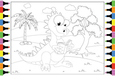 Çocuklar için Renklendirme Şirin Dinozor, Basit Vektör İllüstrasyonu