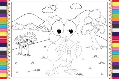 Çocuklar için sevimli baykuş çizgi filmi boyamak, basit vektör çizimi