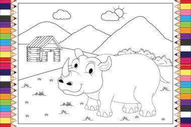 Çocuklar için sevimli gergedan çizgi filmi boyamak, basit vektör çizimi