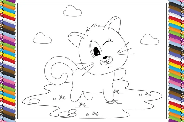 Colorare Carino Gatto Animale Cartone Animato Bambini Semplice Illustrazione Vettoriale — Vettoriale Stock
