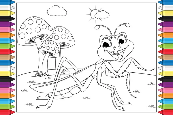 子供のためのかわいいバッタ動物漫画 簡単なベクトルイラストを着色 — ストックベクタ