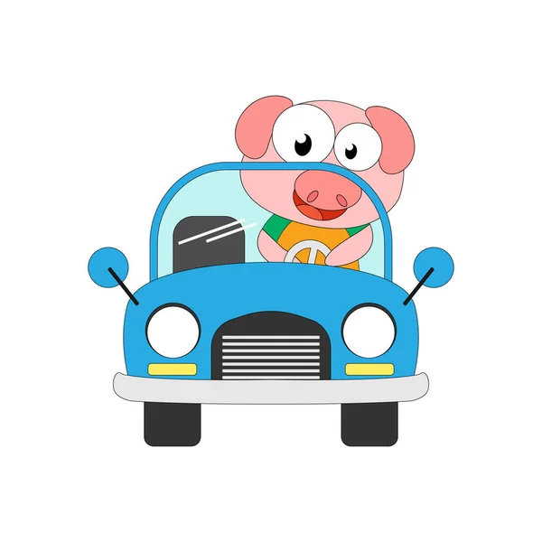 Cute Pig Ride Car Simple Vector Illustration — Stock Vector