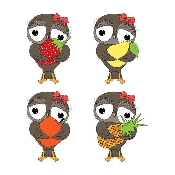 Coruja Bonito Com Frutas Ilustração Vetorial Simples —  Vetores de Stock