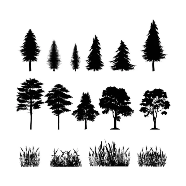 木や草のシルエットのコレクションシンプルなベクトルイラスト — ストックベクタ